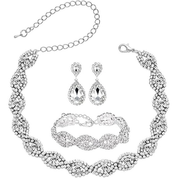 White Crystal Necklace Set CZ Cubic Rhinestone Necklace Bracelet Earrings Set - Picture 3 of 7